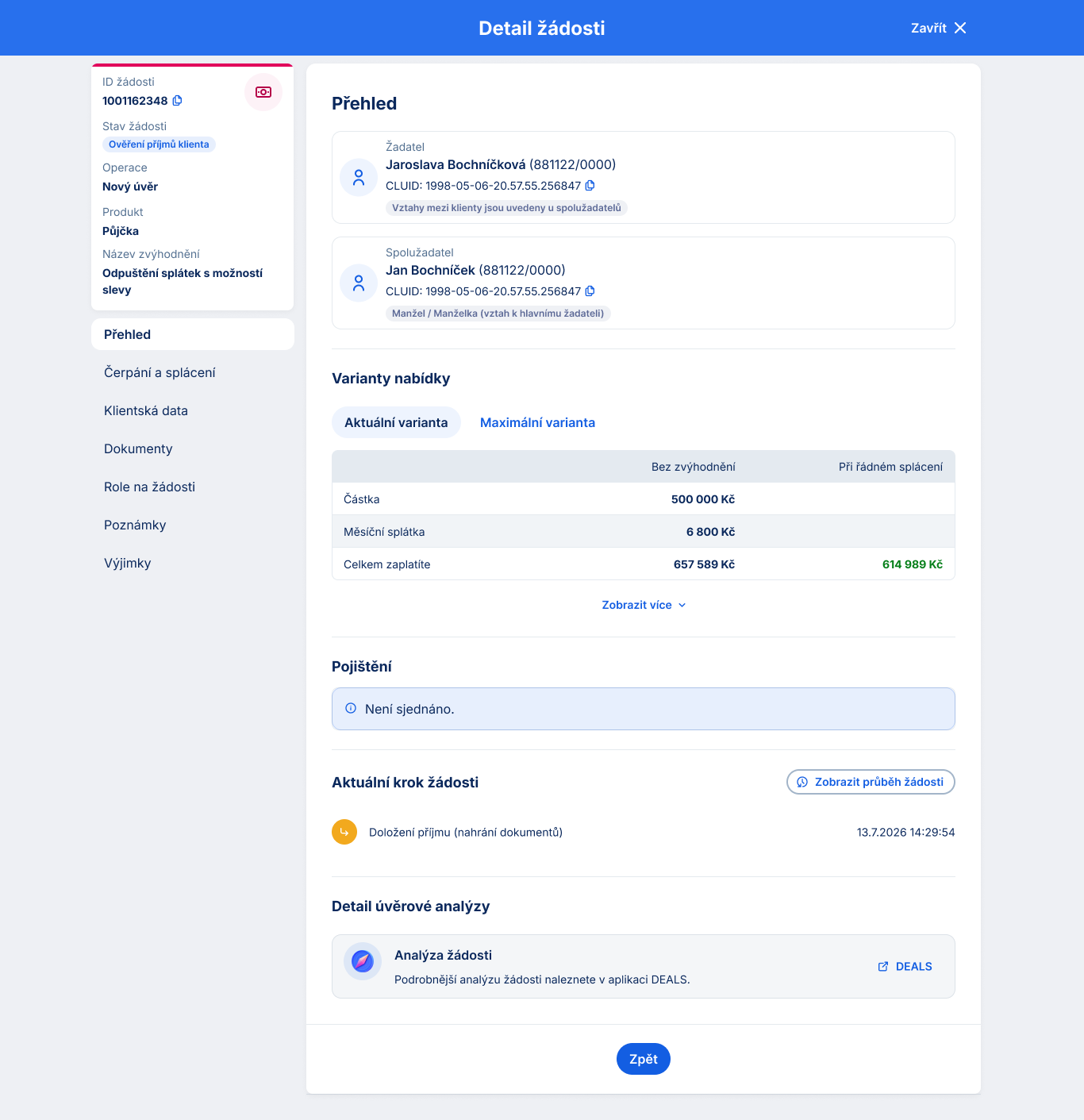Loan request overview on a tablet: applicant and co-applicant cards, offer variants, insurance status and the current step