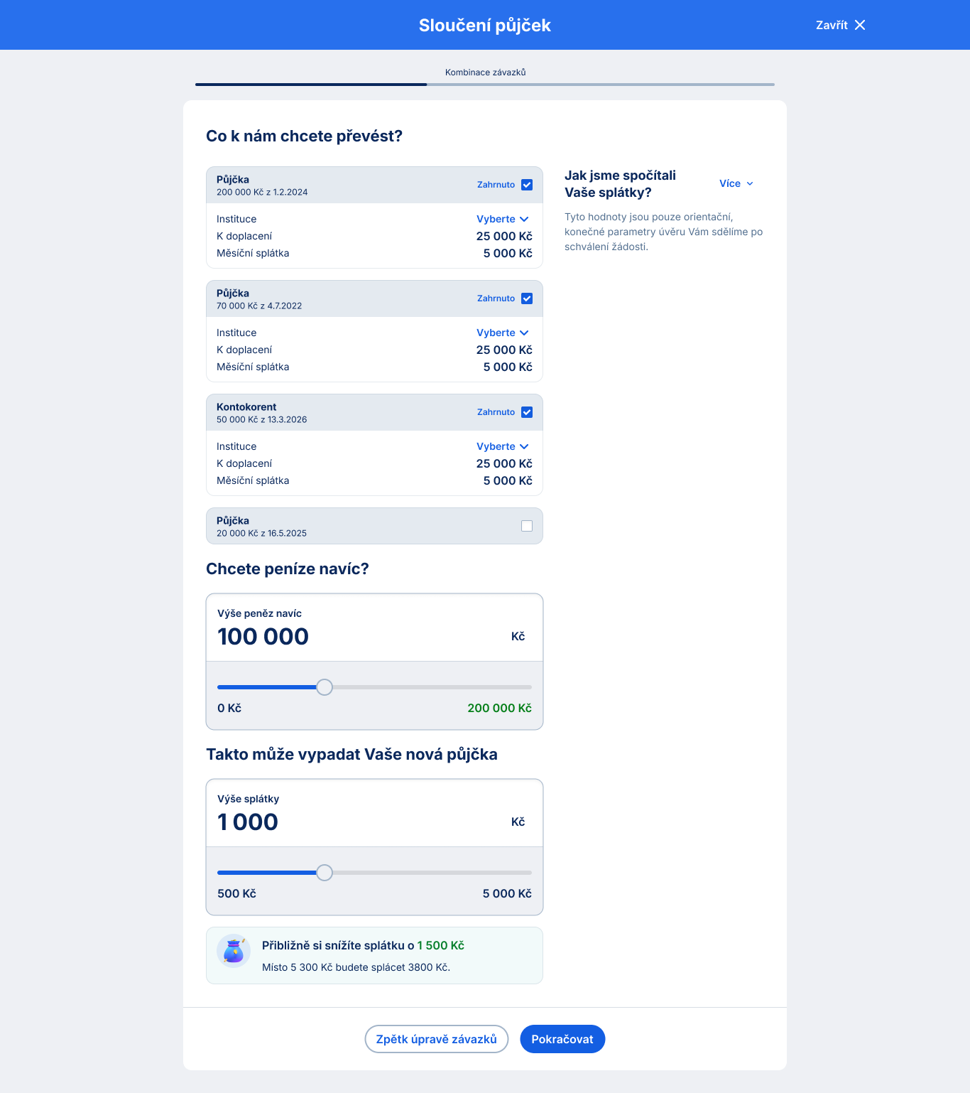 Desktop loan consolidation flow showing selected commitments, additional borrowing, and an estimated new monthly repayment