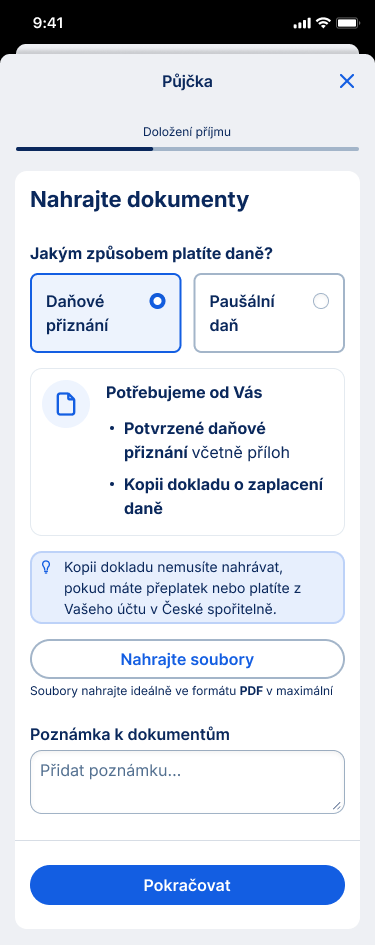 Eduard's redesigned mobile banking screen with a tax method choice, grouped requirements and clearer upload guidance